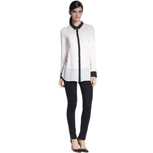 Trouve SX 100% Silk Tonal Panel Tuxedo Black White Button‎ Up Blouse Tiny Flaw